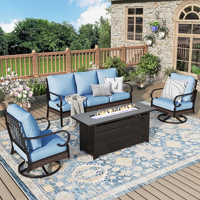 Patio Furniture Set with Fire Pit Table, 4 PCS Metal Outdoor Conversation Set with 5.75'' Extra Thick Cushion, 2 Swivel Chairs, 3-Seat Sofa and Gas Fire Pit Table, Blue