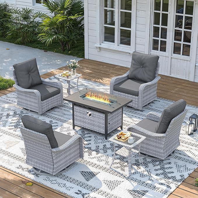 7 Piece Wicker Patio Furniture Set with 55,000 BTU Fire Pit Table, Swivel Rocking Chairs, 4''Cushions, PE Rattan, Wind Guard Glass, for Backyard, Deck or Balcony, Black