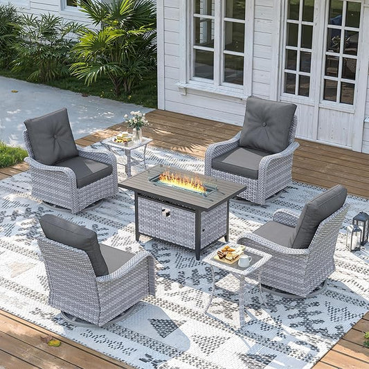 7 Piece Wicker Patio Furniture Set with 55,000 BTU Fire Pit Table, Swivel Rocking Chairs, 4''Cushions, PE Rattan, Wind Guard Glass, for Backyard, Deck or Balcony, Black