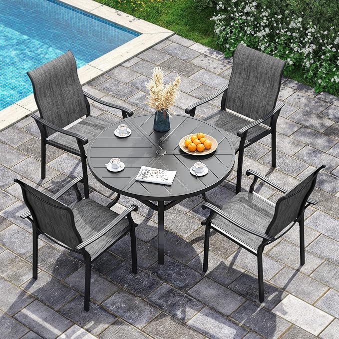 UDPATIO 5 Piece Patio Dining Set for 4, Outdoor Patio Table and Chairs Set, 39" Black Round Table with Umbrella Hole, Gray Patio Chairs, Patio Table with Chairs Outdoor Dining Set for Lawn, Backyard
