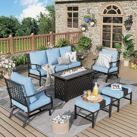 MIXPATIO Patio Furniture Set, 6 Pcs Metal Outdoor Conversation Set, 2 Rocker Chairs, 2 Ottomans and 3 Seater Sofa with 5.75" Extra Thick Cushion and Gas Fire Pit Table, Blue