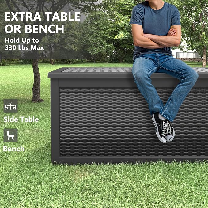 Bifanuo Outdoor Storage Box, 300 Gallon Deck Boxes Waterproof, Resin Storage Cabinet Multi Functional Storage Bench For Gardening Tools, Pool Supplies, Patio Furniture, Lockable