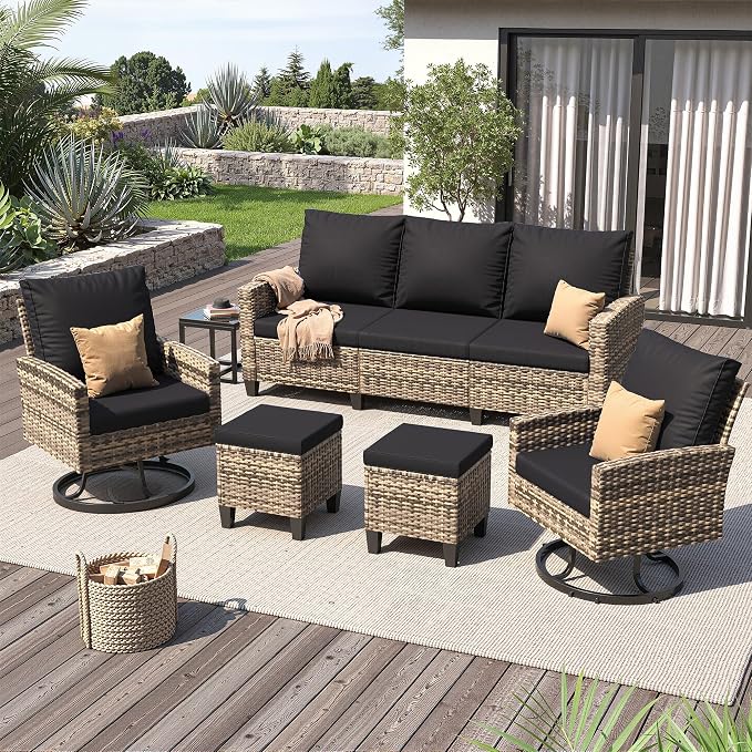 UDPATIO Patio Furniture Set, 6 Pieces Outdoor Conversation Sets with Swivel Chairs, All-Weather Wicker Rattan Patio Sofa with Ottomans and Glass Side Table for Backyard, Deck, Porch, Black/Yellow