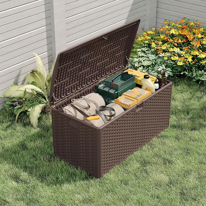 99 Gallon All-Weather Deck Box with Locking Lid, Heavy-Duty Outdoor Storage Bench for Patio Cushions, Pool Accessories, Yard Tools and Porch Essentials, UV-Protected Resin Chest for Indoor/Outdoor Us