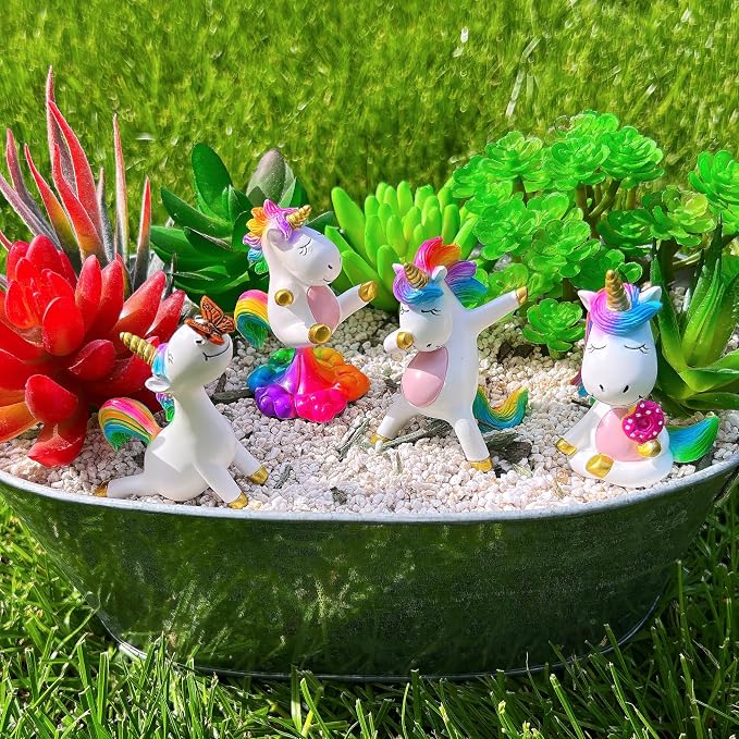 Mood Lab Fairy Garden Figurines - Yoga Unicorn Set (4 pcs) - Miniature Decorative Statues & Accessories - Outdoor & Indoor Garden Decor