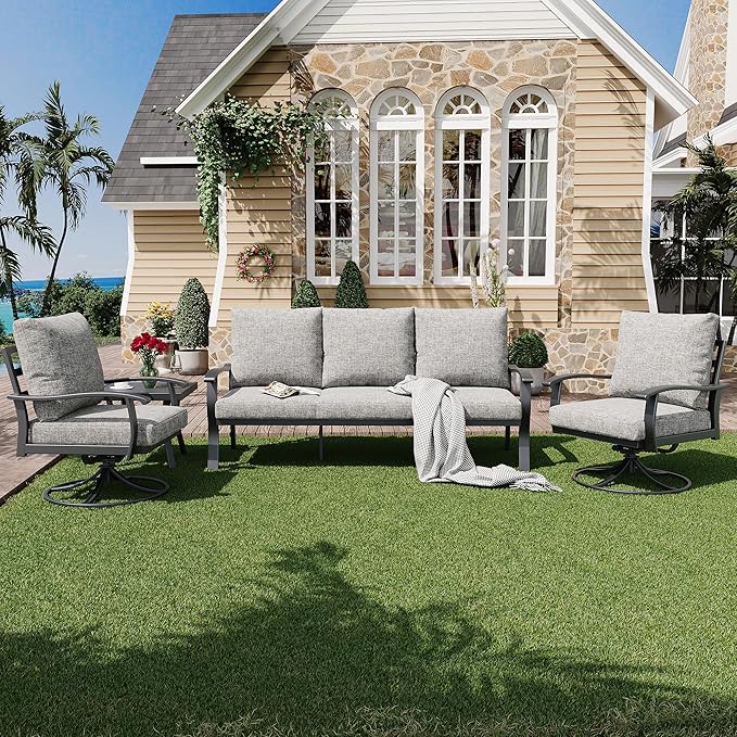 HOMREST Patio Furniture Sets 4 PCS Outdoor Metal Conversation Sets, 360 Degree Swivel Rocking Chairs Patio Conversation Set with Coffee Table and 3-Seat Sofa for Garden, Deck and Poolside