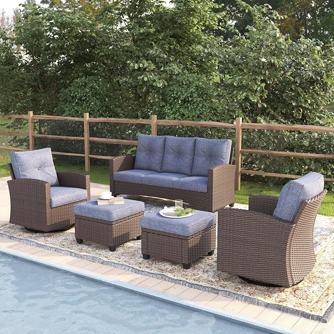 5 Pieces Patio Furniture Swivel Chairs Set, Outdoor Wicker Glider Rocking Chairs with Sofa Set