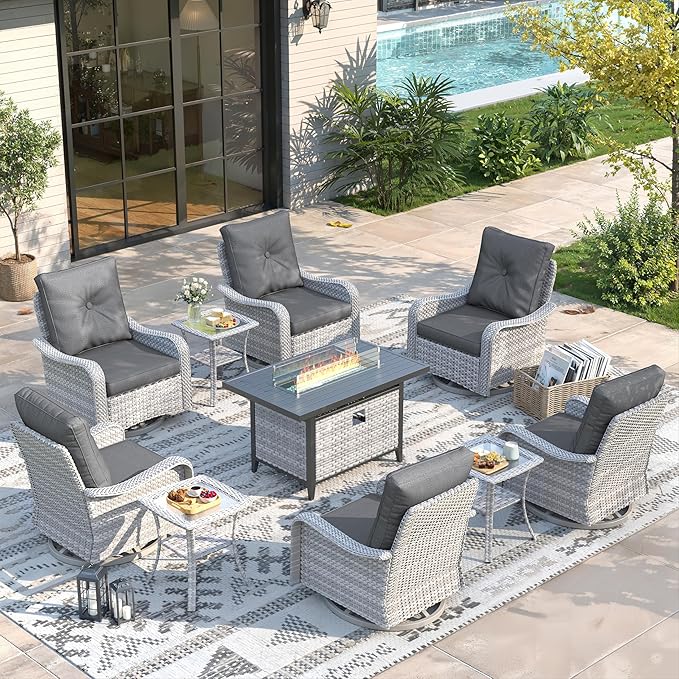 10 Piece Wicker Patio Furniture Set with 55,000 BTU Fire Pit Table, Swivel Rocking Chairs, 4''Cushions, PE Rattan, Wind Guard Glass, for Backyard, Deck or Balcony, Black