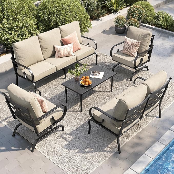 PHI VILLA Patio Furniture Set, 1 Loveseat, 3-Seater Sofa, 2 Rocking Chairs and a Coffee Table, Outdoor Metal Conversation Set with 5.75" Extra Thick Cushion for Garden Backyard Deck, Beige