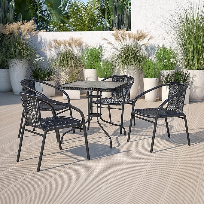 EMMA + OLIVER 28" Square Tempered Glass Metal Table with Black Rattan Edge