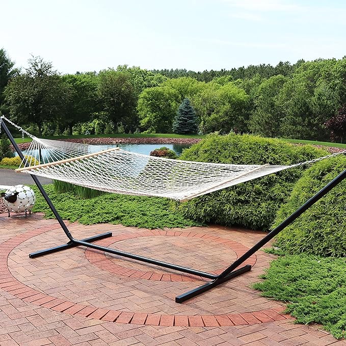 Sunnydaze Double Polyester and Cotton Rope Hammock with 15-Foot Steel Stand - 400-Pound Capacity - Black Stand - Cream