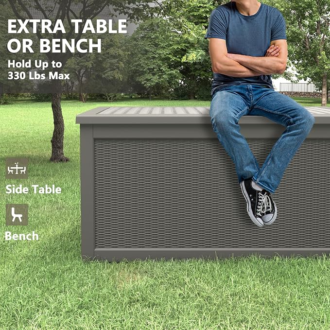 Bifanuo Outdoor Storage Box, 260 Gallon Deck Boxes Waterproof, Resin Storage Cabinet Multi Functional Storage Bench For Gardening Tools, Pool Supplies, Patio Furniture, Lockable