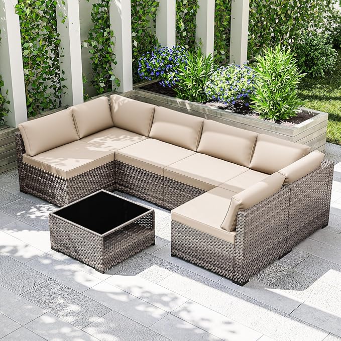 Joyside 7-Piece Patio Furniture Set, Rattan Outdoor Sectional Wicker Patio Conversation Set with Cushions and Coffee Table