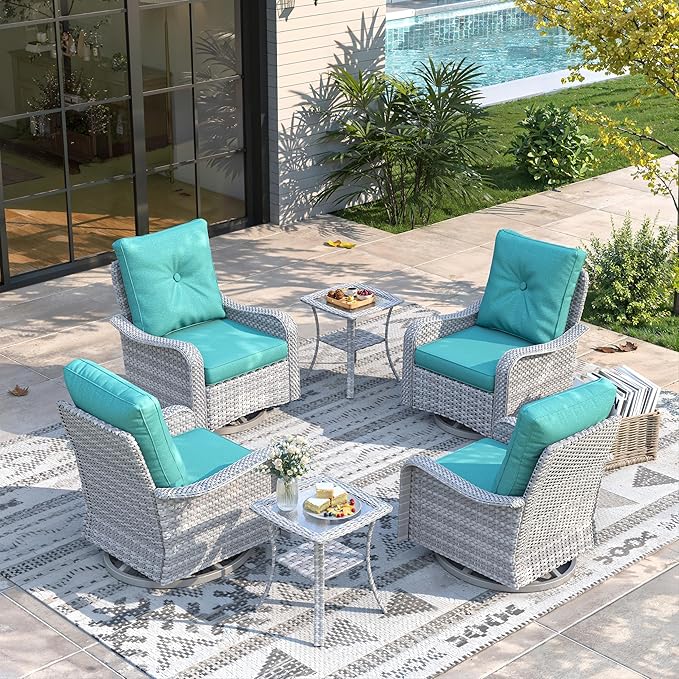 6 Piece Wicker Patio Furniture Set, Swivel Rocking Chairs with 4''Cushions, PE Rattan, Rust Resistant Frame, Double Layer Glass Side Table, for Backyard, Deck or Balcony, Blue