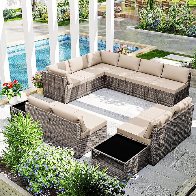 Joyside 12-Piece Patio Furniture Set, Rattan Outdoor Sectional Wicker Patio Conversation Set with Cushions and Coffee Table