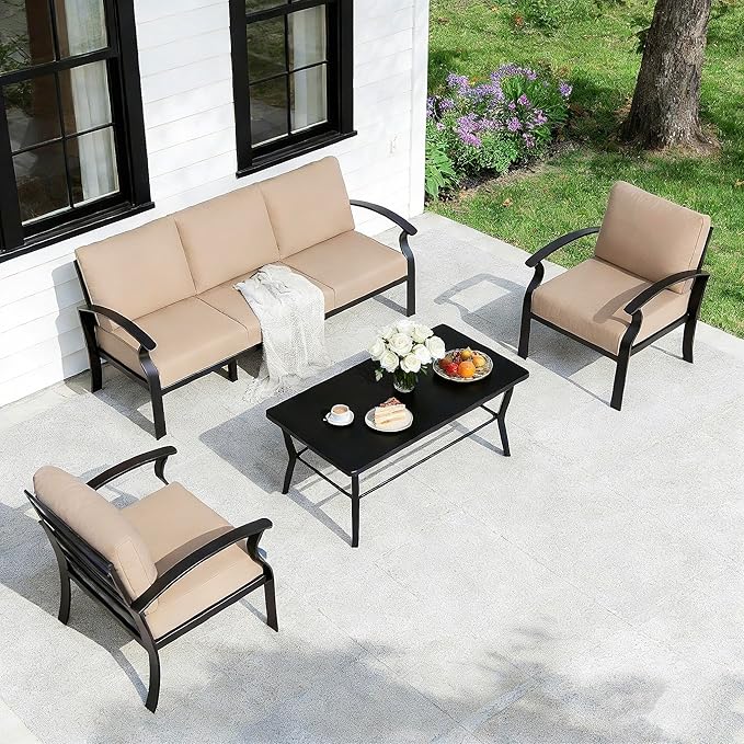 Gotland Aluminum Patio Furniture Set with Rectangular Coffee Table, Metal Patio Furniture with 5 Seats Waterproof 5.1'' Seat Cushions, Outdoor Sectional Patio Conversation Sets for Balcony Khaki