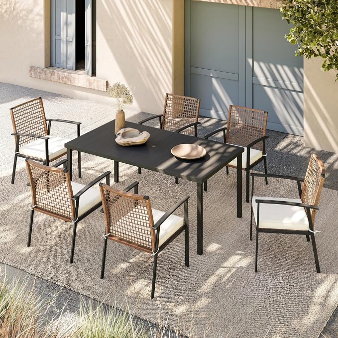 LAUSAINT HOME 7 Pieces Patio Dining Set, Outdoor Furniture Set of 6 Chairs with Soft Cushion and Iron Slats Table Top with Umbrella Hole, Conversation Set for Backyard, Garden and Poolside