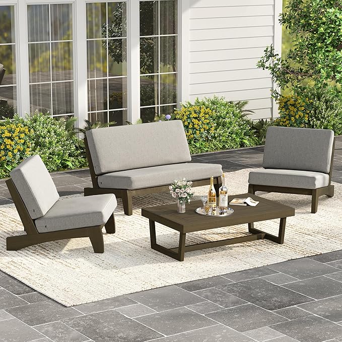 UIXE Wood Patio Furniture Sets, 4 Pieces All Weather Outdoor Sectional Futniture Patio Sofa Chair Backyard Conversation Set with Solid Wooden Coffee Table - Light Camel