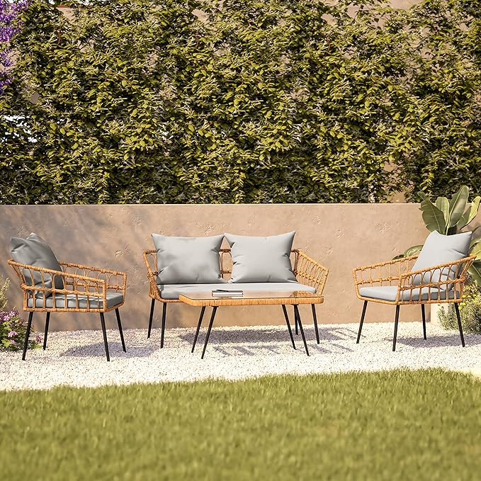 Flash Furniture Evin Boho 4 Piece Patio Conversation Set - Natural Rope Rattan - Gray All-Weather Cushions - Tempered Glass Top Coffee Table - Indoor/Outdoor