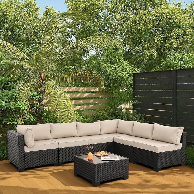Rattaner 7 Pieces Black Wicker Patio Furniture Conversation Set Outdoor Sectional Sofa Glass Coffee Table with Non-Slip Cushions and Furniture Cover, Khaki
