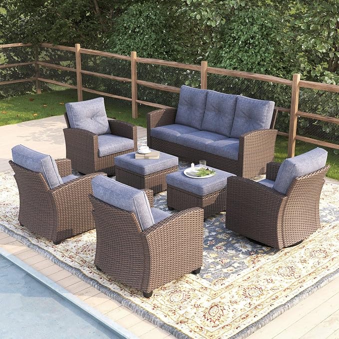 7 Pieces Patio Furniture Swivel Chairs Set, Outdoor Wicker Glider Rocking Chairs with Sofa Set