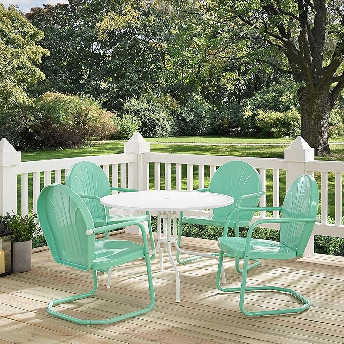Crosley Furniture Griffith 5-Piece Outdoor Dining Set for 4, Retro Metal Round Patio Table and Chairs, White and Aqua
