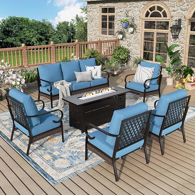 Patio Furniture Set with Fire Pit Table, Metal Outdoor Conversation Set with 5.75'' Extra Thick Cushion, 4 Leg Chairs, 3-Seat Sofa and Gas Fire Pit Table, Navy Blue