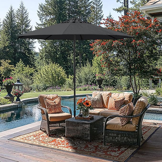 California Umbrella 8-Year Protection 9 Ft Outdoor Patio Umbrella, Solstice Fade-Resistant Fabric, Auto-Tilt, Heavy Duty Aluminum Frame, 8 Reinforced Ribs for Pool or Deck, Black Pole, Black