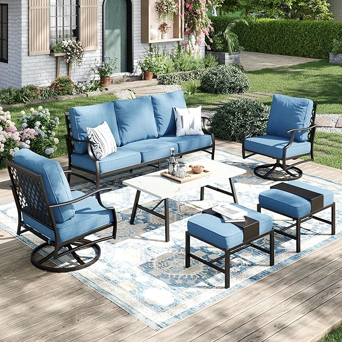 Patio Furniture Set 6 pcs, Outdoor Patio Furniture, 3-Seat Sofa, 2 Swivel Chairs, 2 Ottomans, Coffee Table and 5.75" Extra Thick Cushion, Conversation Set for Backyard Deck, Navy Blue