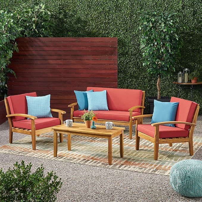 Christopher Knight Home Peyton Outdoor Wooden Chat Set with Cushions, 4-Pcs Set, Teak Finish / Red