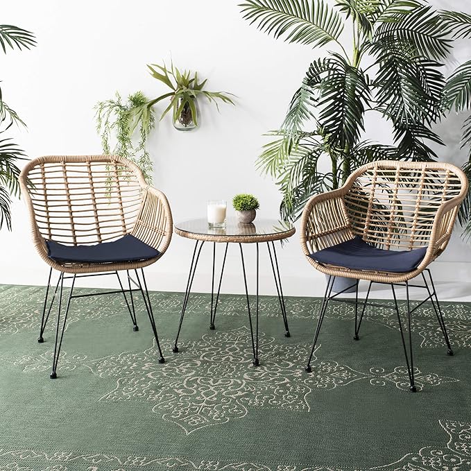SAFAVIEH Outdoor Collection Alton Light Brown Rattan/Navy Seat Cushion 3-Piece Patio Lounge Bistro Set with Table (PAT9004B)