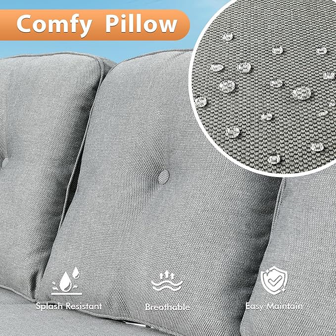 Outdoor Patio Furniture Sets, 4 PCS Patio Conversation Set Outside Rattan Sofa with Solar Light Coffee Table Comfy Cushions Fit Backyard Porch Garden Poolside Balcony,Dark Grey