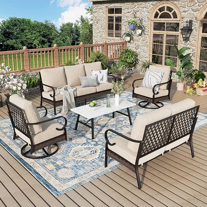 Patio Furniture Set with Coffee Table, Outdoor Conversation Set with 2 x Swivel Chairs, 1 x 2-Seat Sofa, 1 x 3-Seat Sofa for Lawn Garden Backyard, Beige