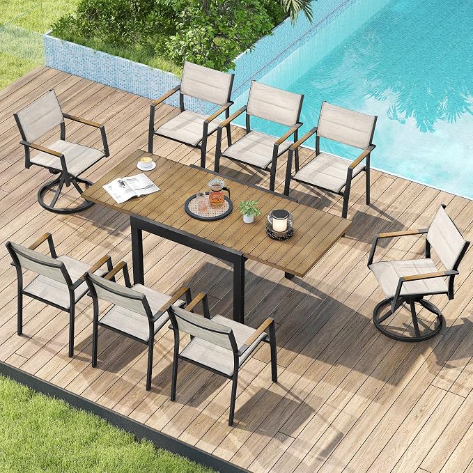9 Piece Outdoor Dining Set, Expandable Outdoor Patio Dining Table and Swivel Chair Set, Aluminum Outdoor Table and 8 Chairs with Textilene Fabric & Armrest for Patio, Garden, Lawn(Brown)