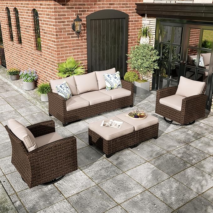 Swivel Glider Patio Furniture Set, 5 Pcs Wicker Rattan Outdoor Conversation Set, 2 x Swivel Chairs, 1 x 3 Seater Sofa and 2 x Ottoman with 4" Thick Cushion, Beige