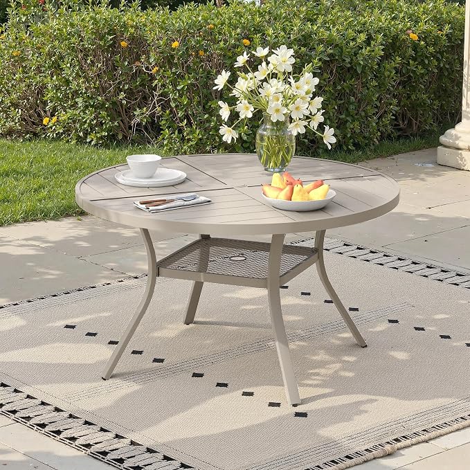 40.6" Outdoor Dining Table with Adjustable Umbrella Hole, Metal Slatted Round Patio Dining Table for Backyard Garden Deck, Sandshell