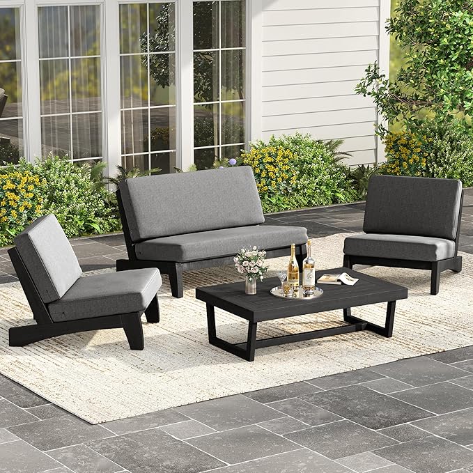 UIXE Black Wood Patio Furniture Sets, 4 Pieces All Weather Outdoor Sectional Futniture Patio Sofa Chair Backyard Conversation Set with Solid Wooden Coffee Table - Light Gray