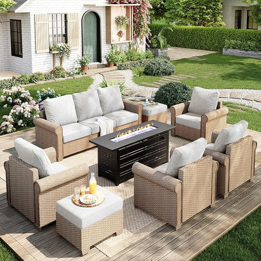 MIXPATIO Patio Furniture Set 8 pcs, Wicker Outdoor Patio Furniture, 3-Seat Sofa, 4 Single Chairs, 2 Ottomans and 56" Gas Fire Pit Table, Rattan Patio Conversation Set for Backyard Deck, Beige