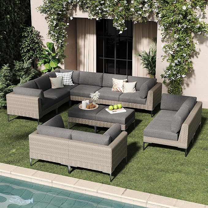 LayinSun 12-Piece Wicker Rattan Patio Furniture Set, Deep Seating Outdoor Modular Sectional Sofa Conversation Set with Thick Cushions for Lawn, Garden