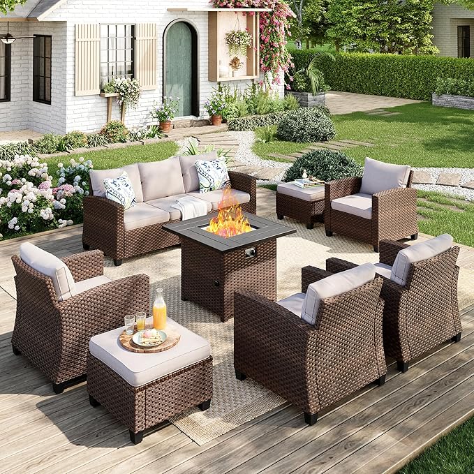 Patio Furniture Set, 8 Pcs Wicker Rattan Outdoor Conversation Set, 4 x Leg Chairs, 1 x 3 Seater Sofa and 2 x Ottomans with 4" Thick Cushion and 32" Fire Pit Table, Beige