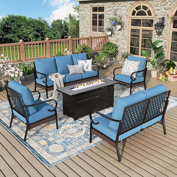 Patio Furniture Set with Fire Pit Table, Metal Outdoor Conversation Set with 5.75'' Extra Thick Cushion, 2 Leg Chairs, Loveseat Sofa, 3-Seat Sofa and Gas Fire Pit Table, Navy Blue