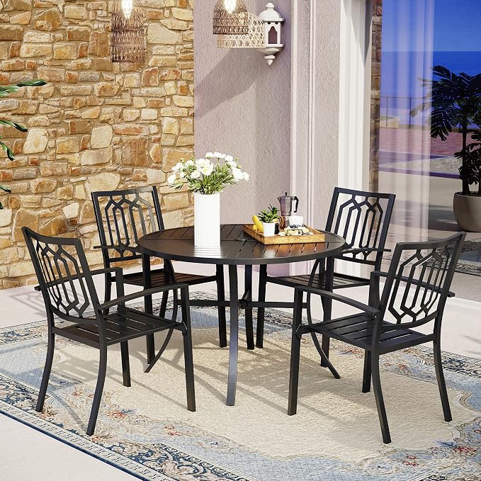 MFSTUDIO Round Outdoor Table and Chairs Set for 4 | Durable metal frame.Includes 4 chairs&patio table w/ umbrella hole.Perfect for deck,yard or patio.