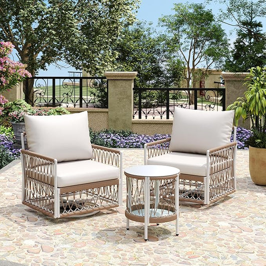 Christopher Knight Home Janna 3-Piece Bohemian Outdoor Patio Furniture Set, Set of 2 Swivel Lounge Chairs with Cushions & Glass Top Side Table, Patio Conversation Set for Garden, Beige + Natural