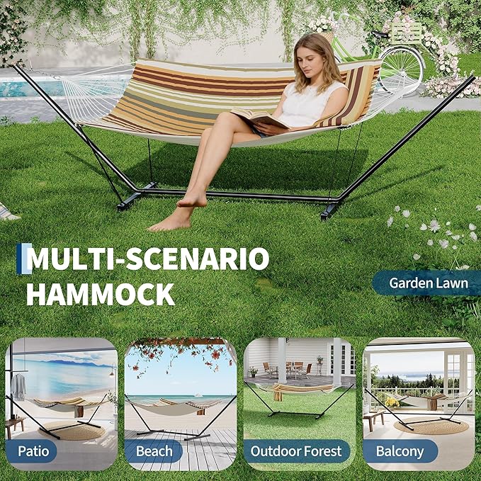 GarveeLife 2 Person Double Hammock with Stand and Pillow - 450 Lbs Capacity Heavy Duty Hammock with Balance Rope, Large Outdoor Hammock for Patio Backyard Poolside