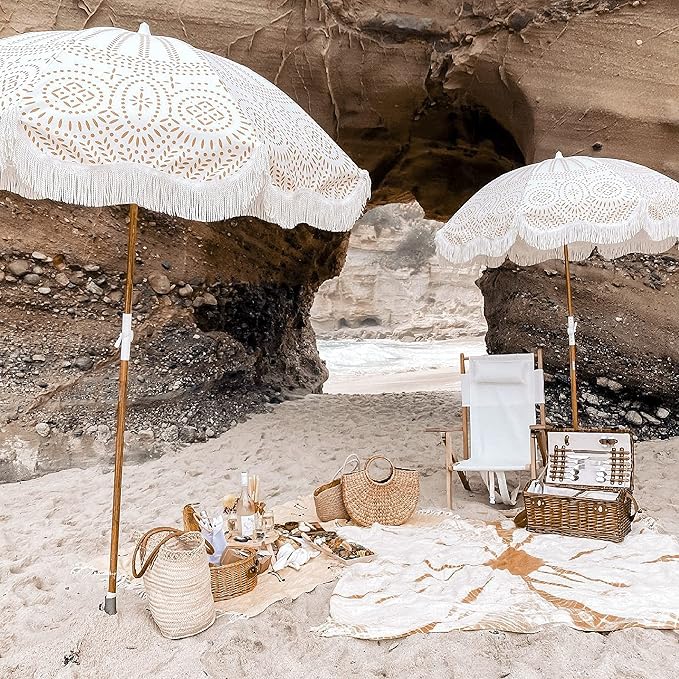 Business & Pleasure Co. Holiday Umbrella - Boho Beach Umbrella with White Fringe, UPF 50+, 1" Tilting Wood Pole, 5’ x 6.5’, Eyelet