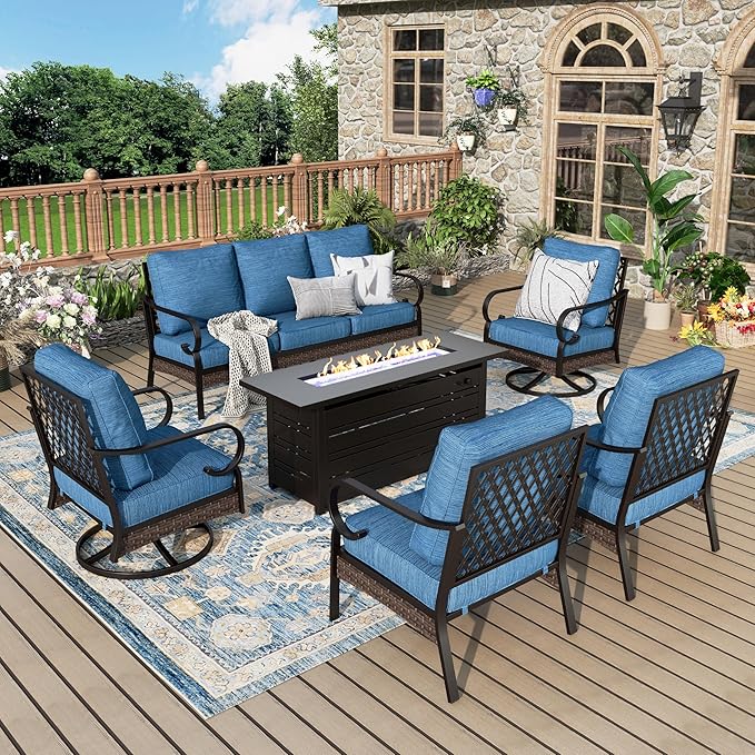 Patio Furniture Set with Fire Pit Table, Metal Outdoor Conversation Set with 5.75'' Extra Thick Cushion, 2 Swivel Chairs, 2 Leg Chairs, 3-Seat Sofa and Gas Fire Pit Table, Pacific Blue