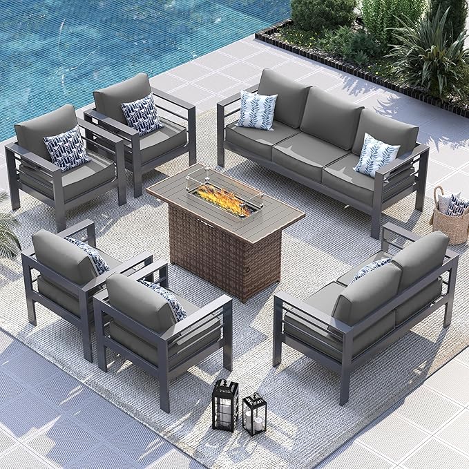 UDPATIO 10 Piece Aluminum Patio Furniture Set with Wicker Fire Pit Table,Mordern Outdoor Furniture Set with Water-Proof Cover Included, Dark Grey