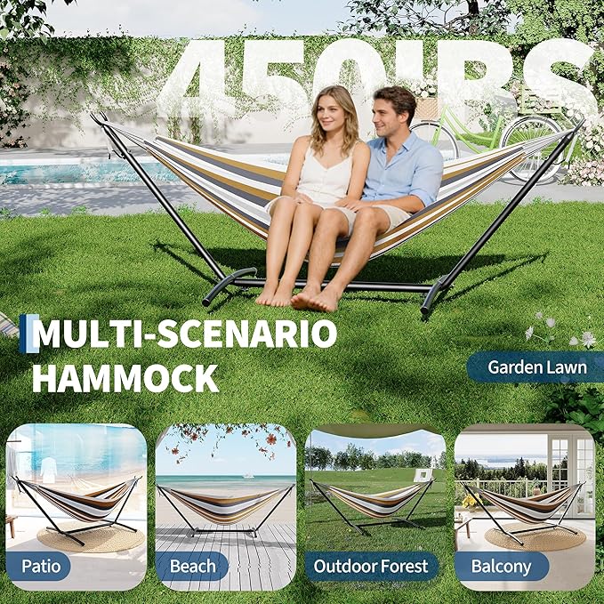 Double Hammocks with Stand for Outside, Portable Space Saving Heavy-Duty Steel Stand for Indoor Outdoor Patio with Carrying Bag, 450 lbs Capacity