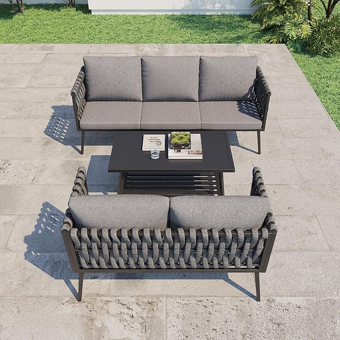 HOMREST Metal Patio Furniture Set, 3 Pieces Outdoor Aluminum Woven Rope Bistro Set with 3-Seater Sofa, Loveseat, Coffee Table, Modern Patio Conversation Set for Balcony, Garden, Yard (5 Seats, Grey)