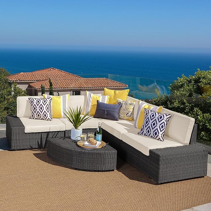 Christopher Knight Home Santa Cruz Outdoor Wicker Sectional Sofa Set with Water Resistant Cushions, 6-Pcs Set, Grey / White
